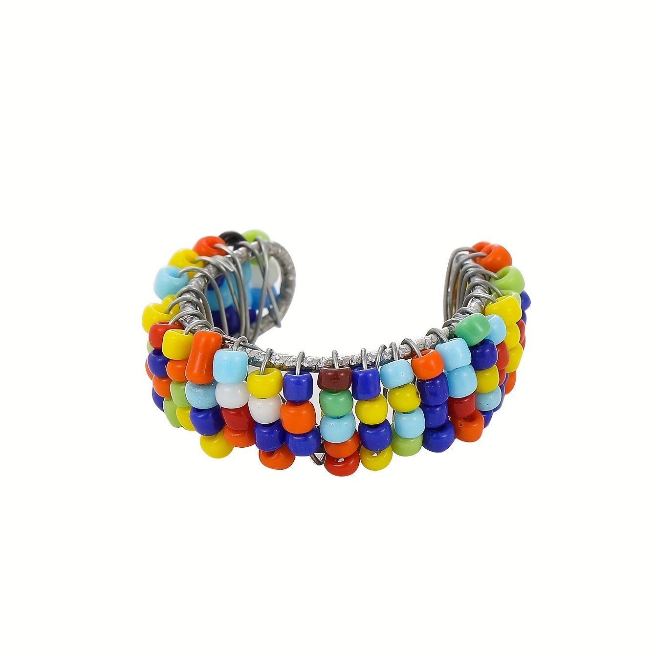 Boho Style Silver Ring with Colorful Beads - Adjustable Anti-Anx