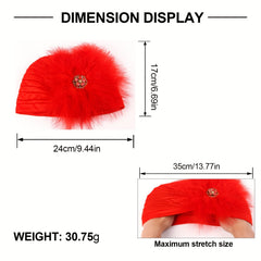 Faux Pearl Feather Turban Cap Bright Beanie Women Elastic Head Wrap