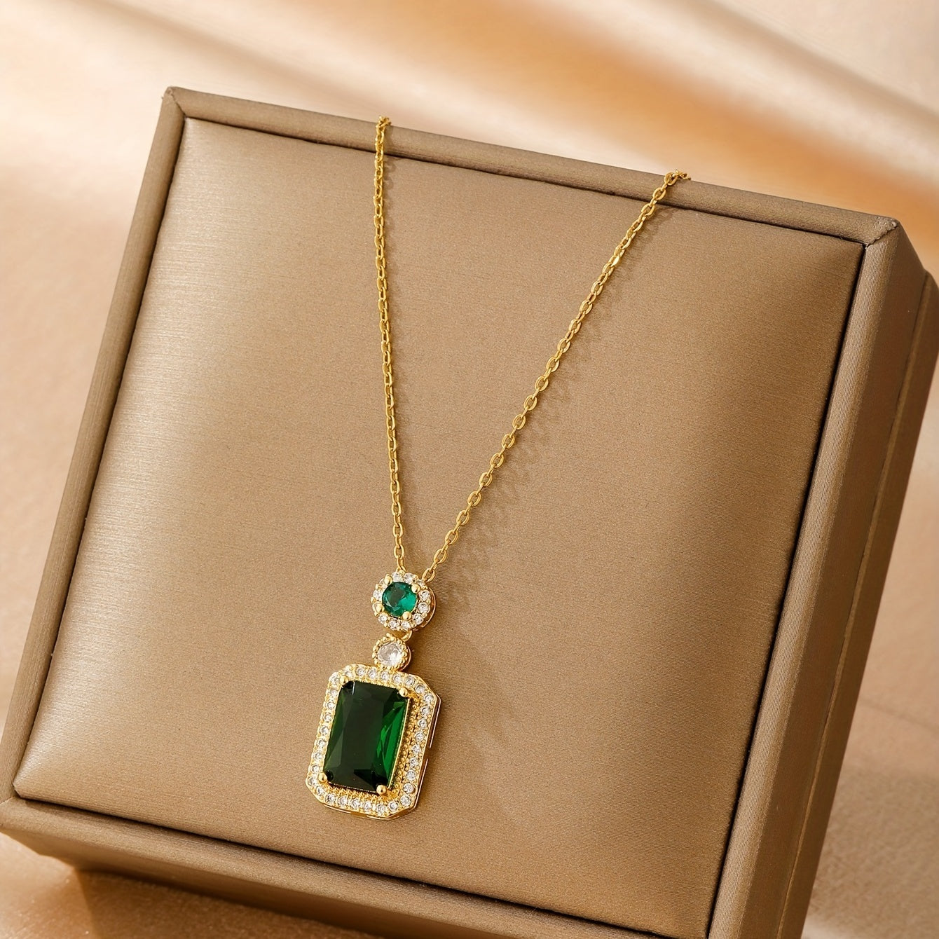Men's Stainless Steel Rhinestone Necklace Emerald Zircon Gift