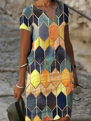  Geometric Print Short Sleeve Notched Neck Dress