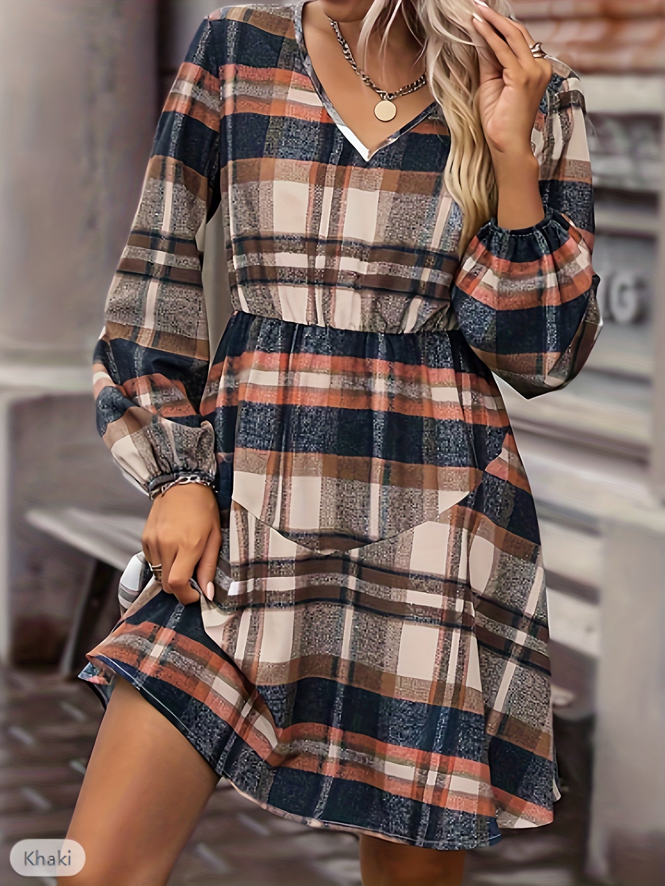  Plaid Print Long Sleeve V Neck Dress