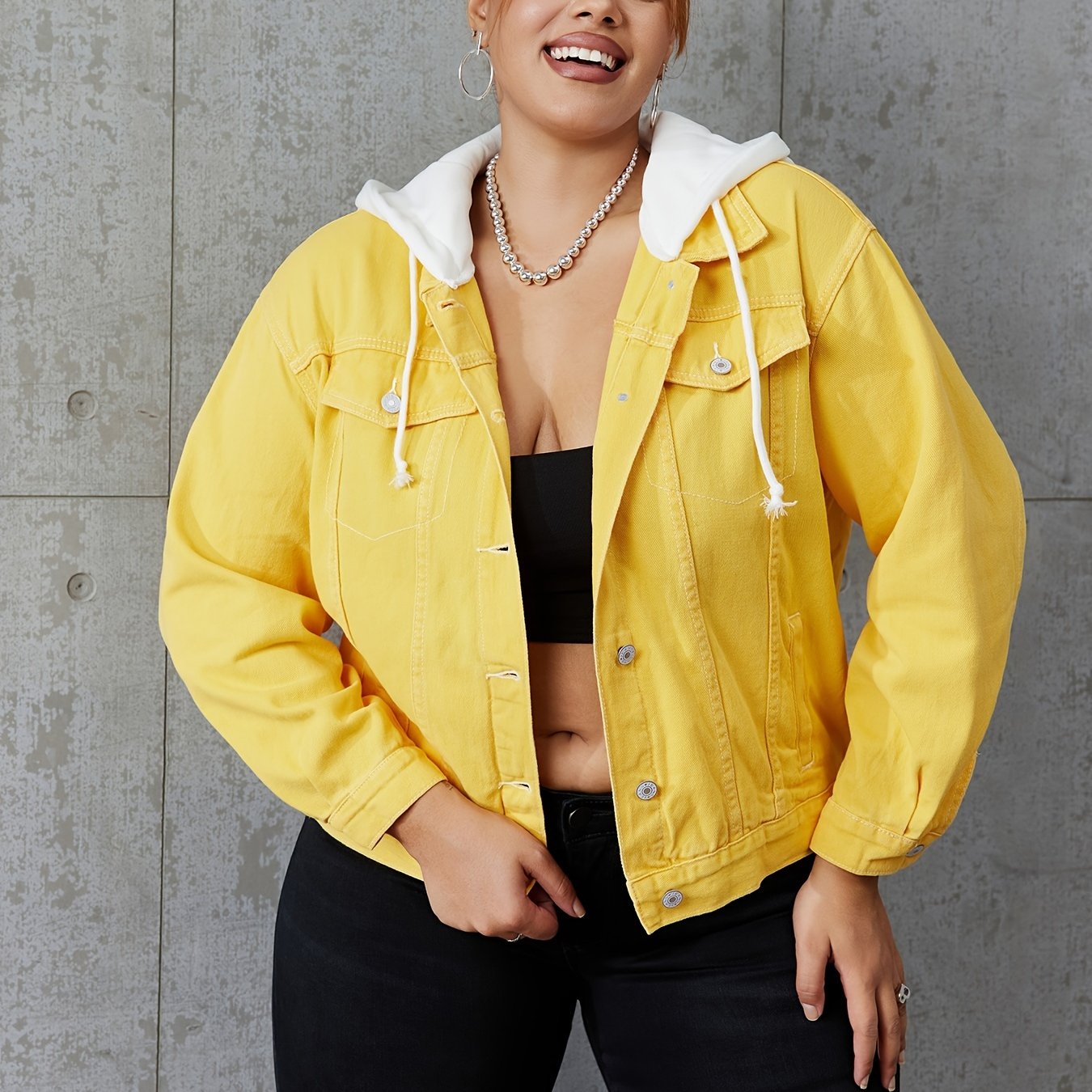  Hooded Denim Jacket Button Up Long Sleeve