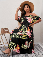  Floral Print Cold Shoulder Ruffle Dress