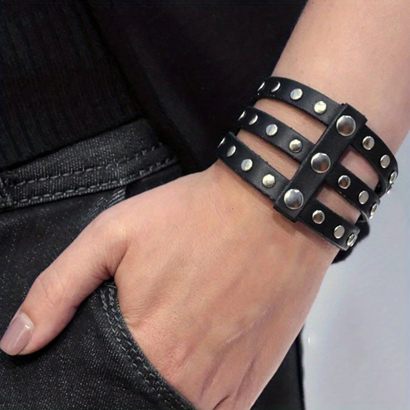 Men's Punk Retro Leather Rivet Inlaid Wide Bracelet