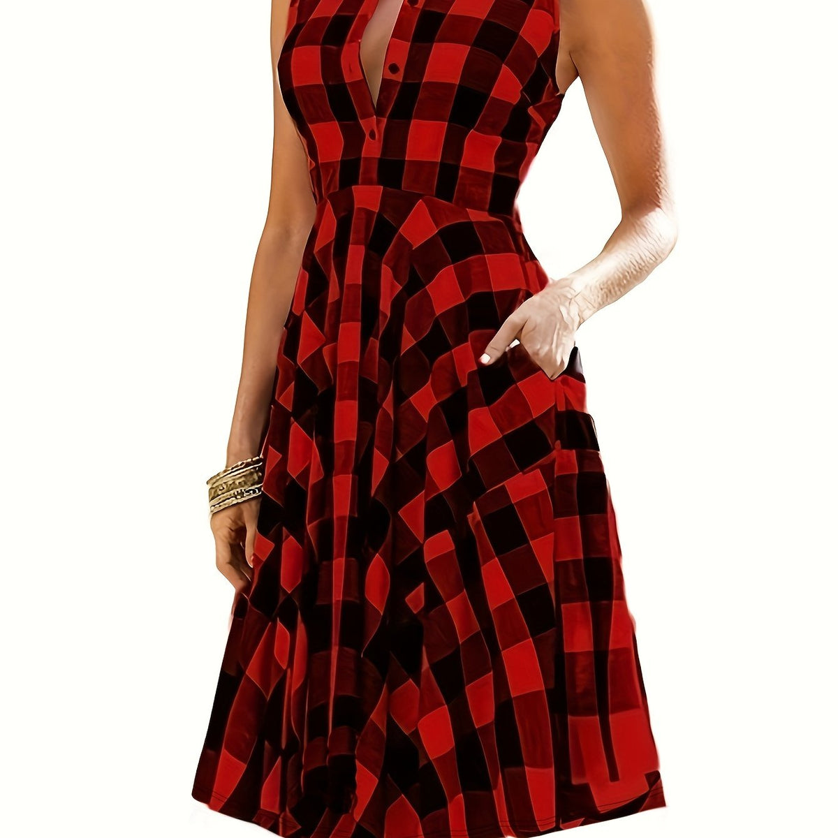  Plaid Print Button Up Lapel Collar Dress