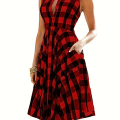  Plaid Print Button Up Lapel Collar Dress