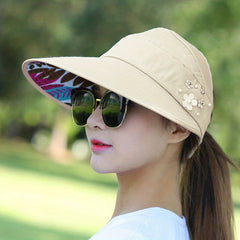 Stylish Ponytail Sun Visor Hat Beaded Flower Decor Lightweight Sun Hat