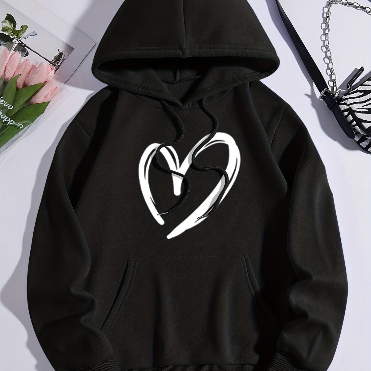 Heart Graphic Sports Hoodie with Front Pocket