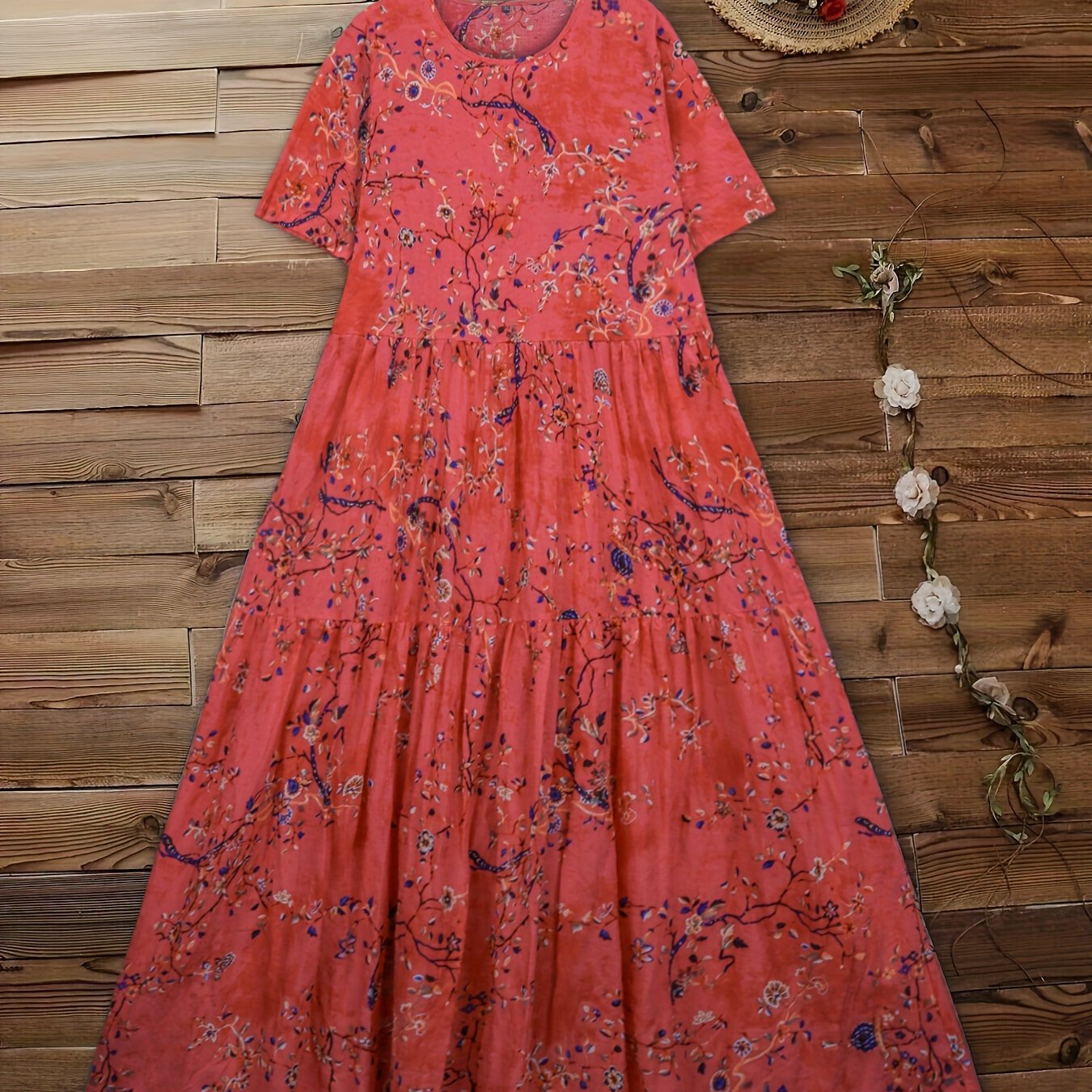  Floral Print Short Sleeve Round Neck Dress