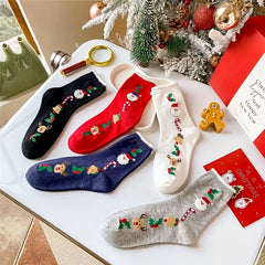 5 Pairs Christmas Print Mid Tube Women's Socks