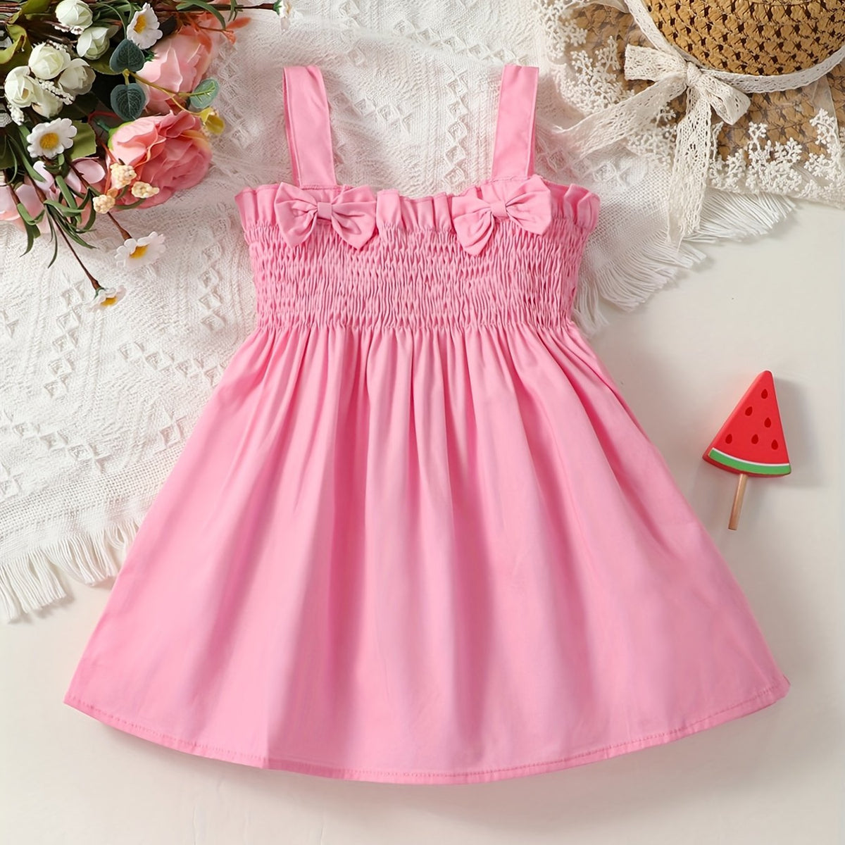 Girls Shirred Bow Puffy Cami Dress For Summer Holiday Party