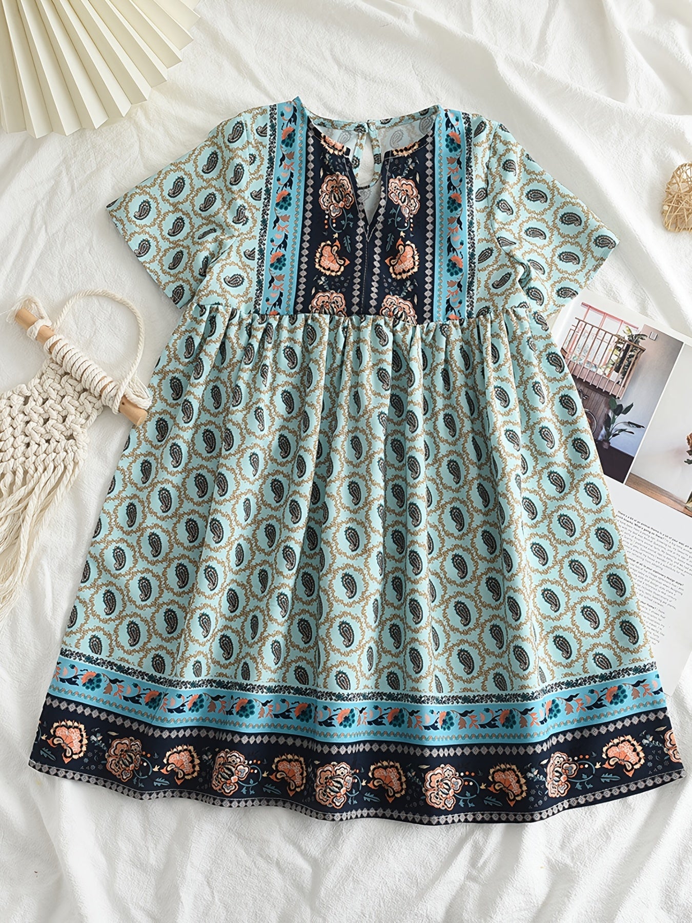 Girls' Ethnic Flowers Print V neck Summer Dress