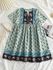 Girls' Ethnic Flowers Print V neck Summer Dress