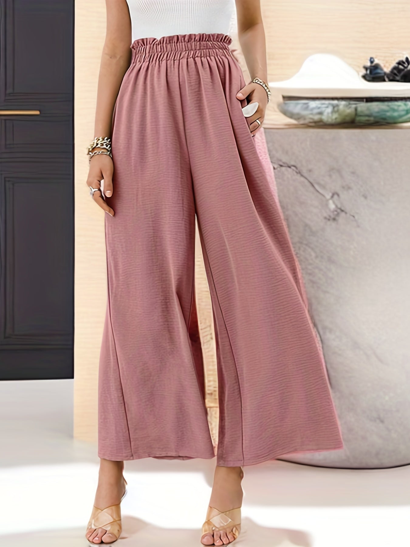Ruffle Trim Wide Leg Pants Casual Loose Pants For Spring & Summer