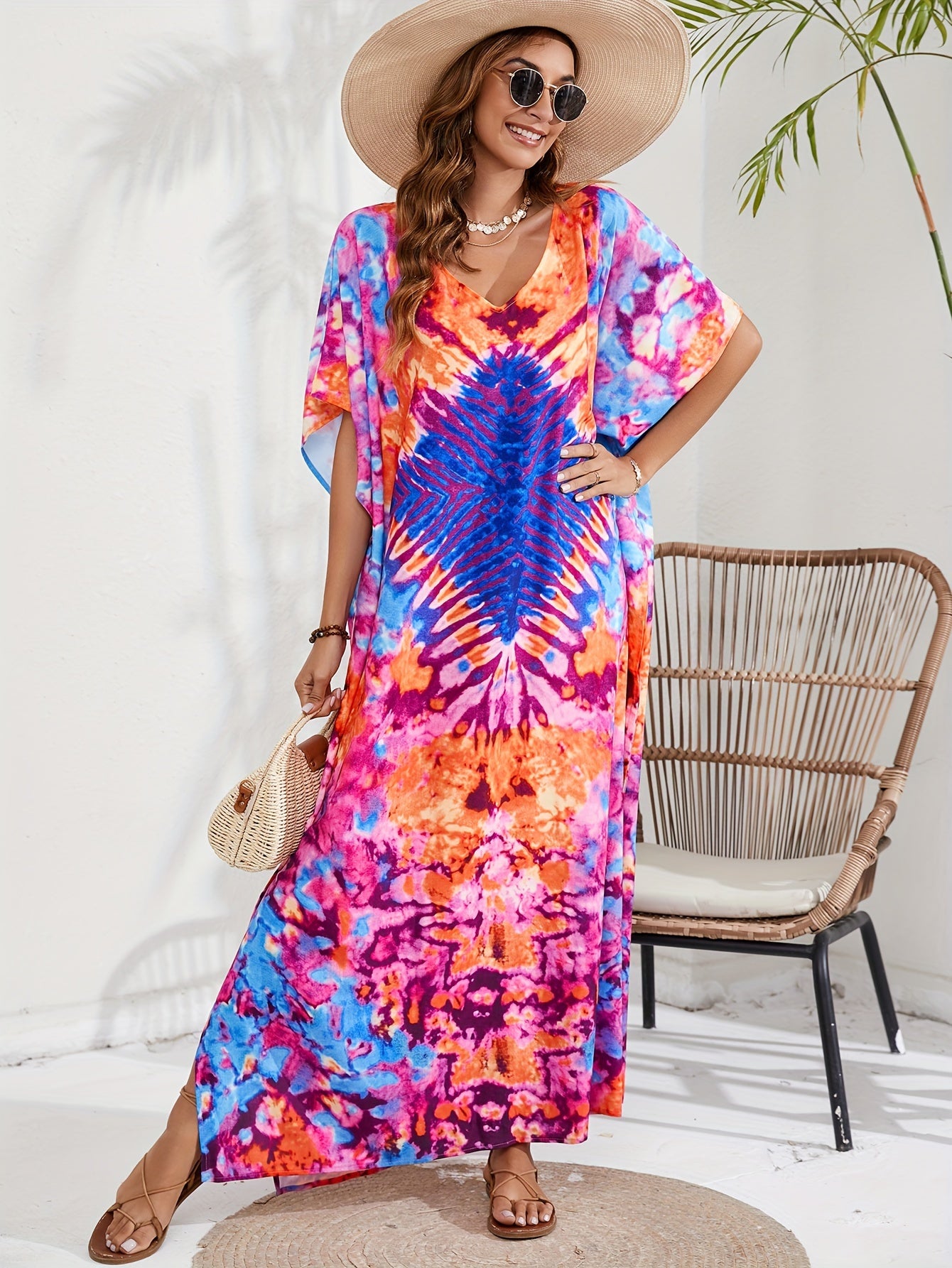  Boho Tie Dye Geo Pattern Cover Up Maxi Dress