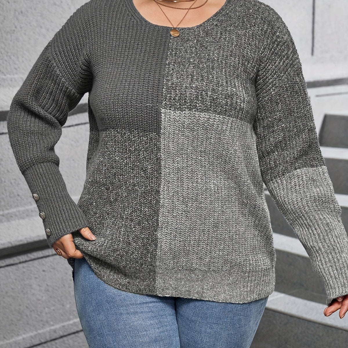  Colorblock Button Decor Casual Sweater