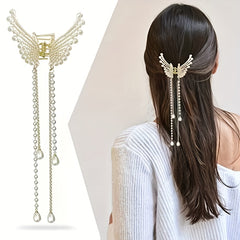 Faux Pearl Tassel Butterfly Hair Claw Clip Golden