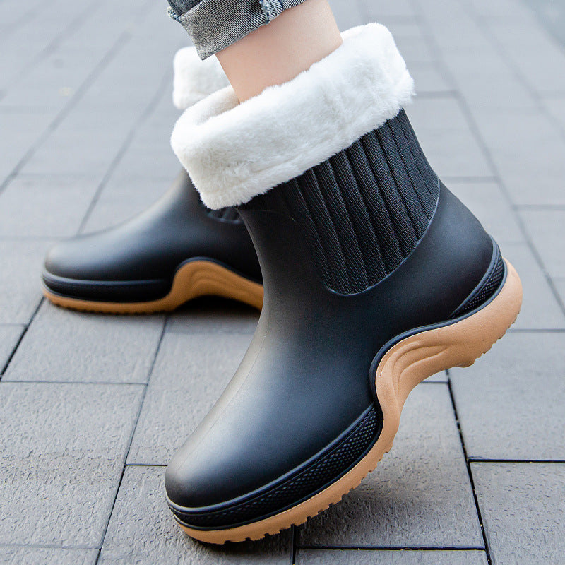 Women's Plush Lined Ankle Rain Boots Waterproof Non-slip Shoes