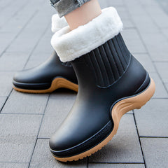 Women's Plush Lined Ankle Rain Boots Waterproof Non-slip Shoes