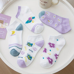 5 Pairs Floral & Starry Print Ankle Socks Women's Stockings & Hosiery