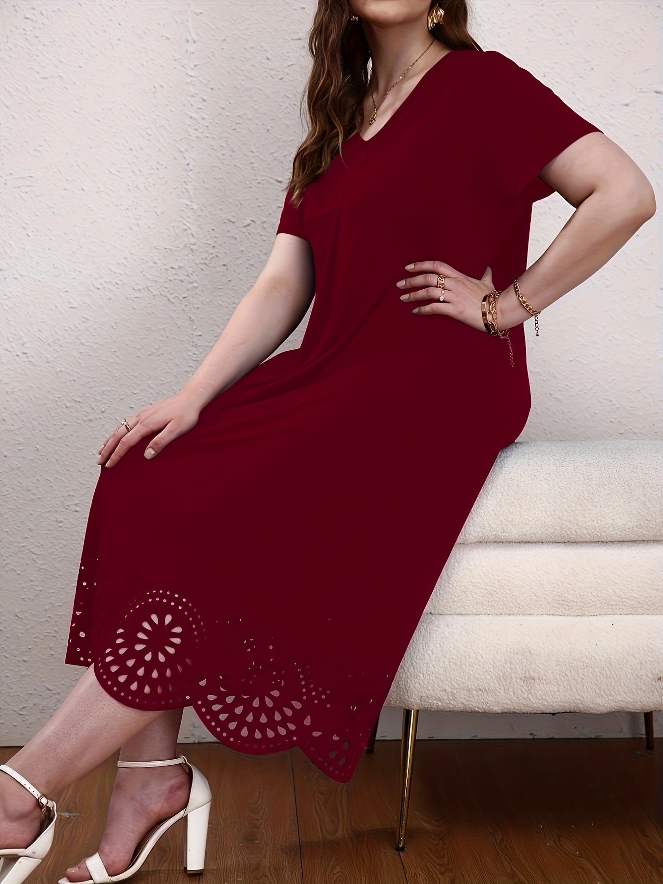  Solid Maxi Dress w/ Scallop Trim Short Sleeves V Neck