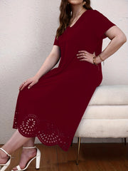  Solid Maxi Dress w/ Scallop Trim Short Sleeves V Neck