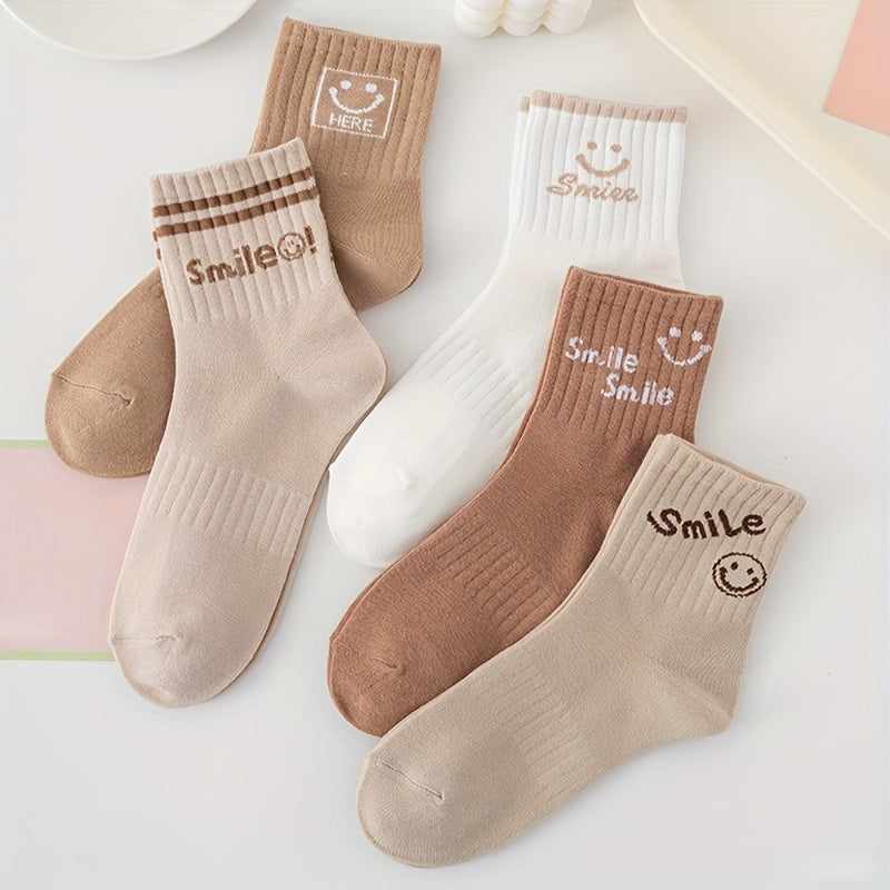5 Pairs Smiling Print Socks Women's Crew Stockings