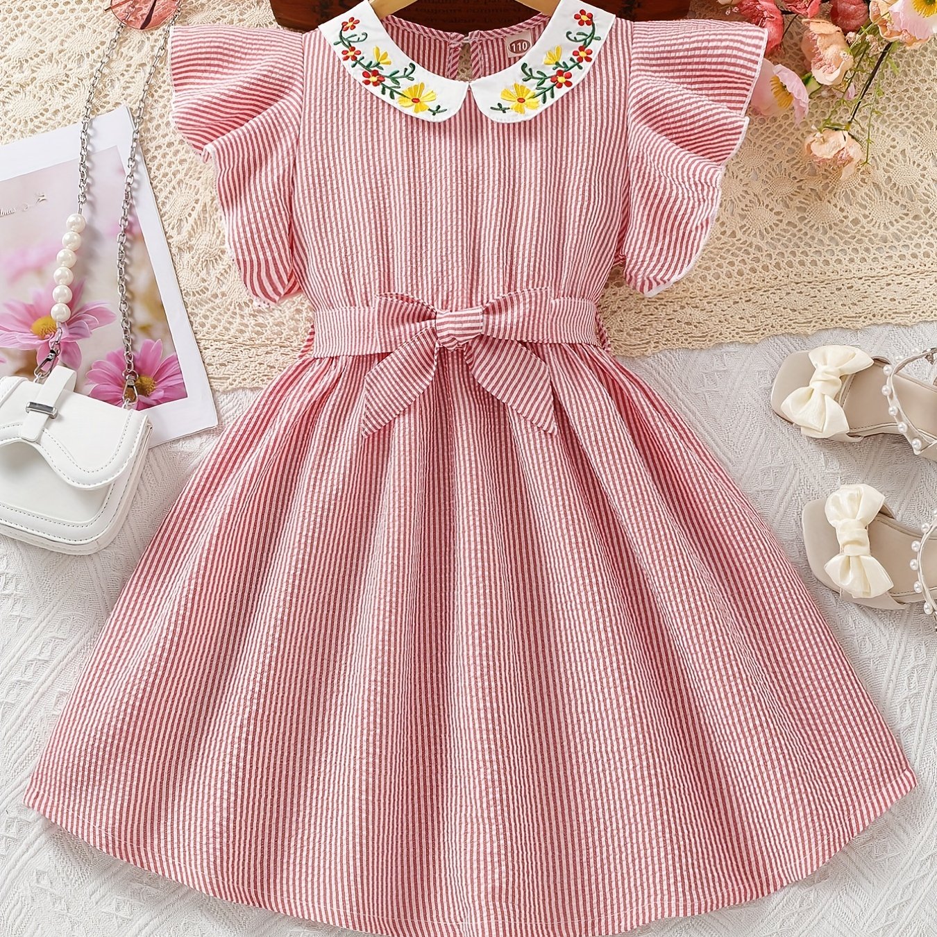 Striped Flounce Sleeve Casual Tunic Dress for Youth Girls