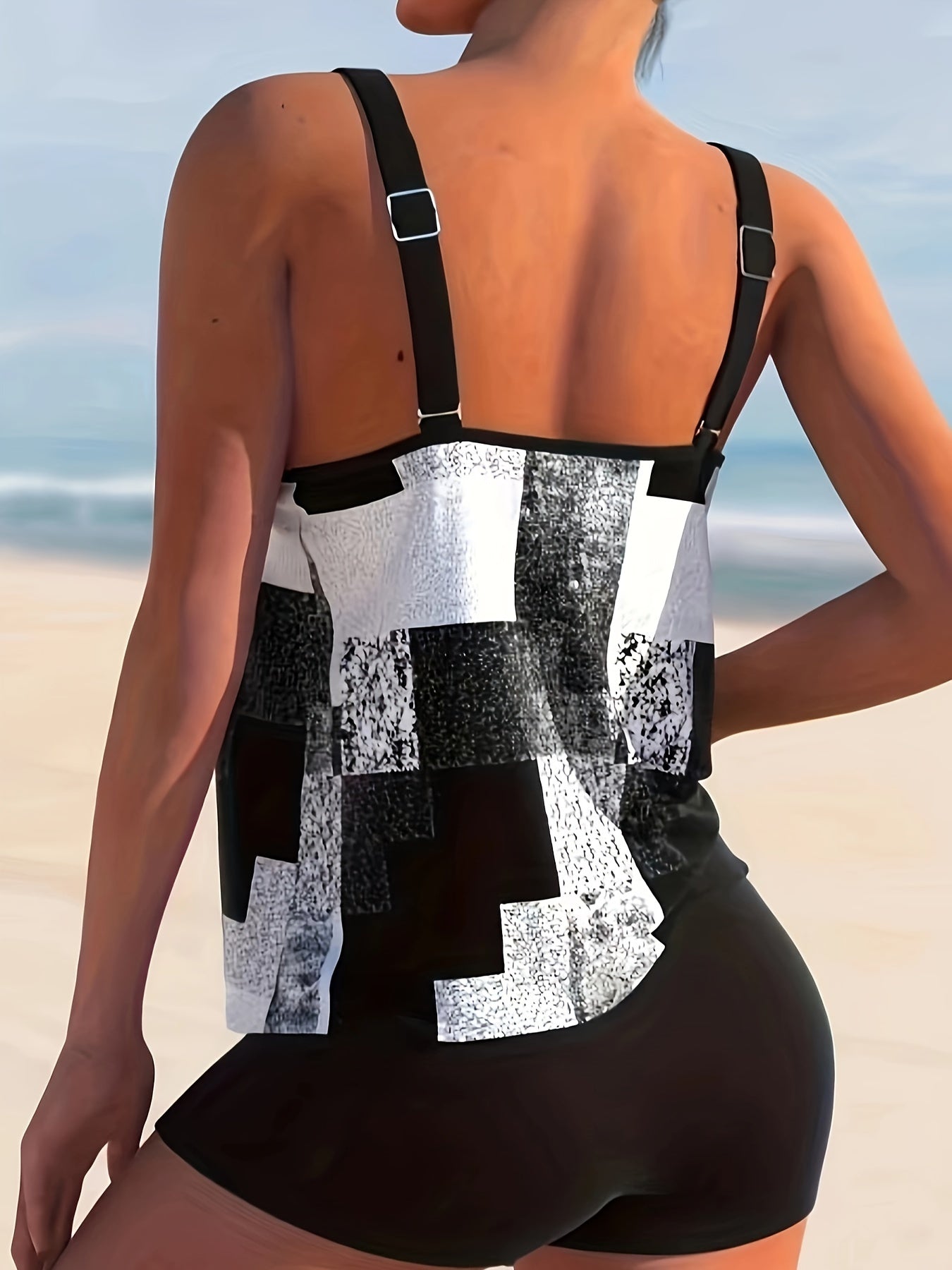  Geo Print Tankini Set Women's Cami Top & Shorts Swimsuit