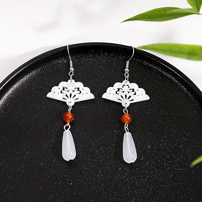 Vintage Hollow Fan Earrings, Jade Water Drop Antique Earrings