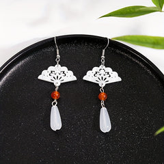 Vintage Hollow Fan Earrings, Jade Water Drop Antique Earrings