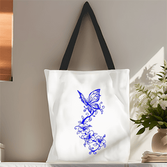 Polyester Butterfly Hibiscus Print Tote Bag Lightweight Reusable Shopping Handba