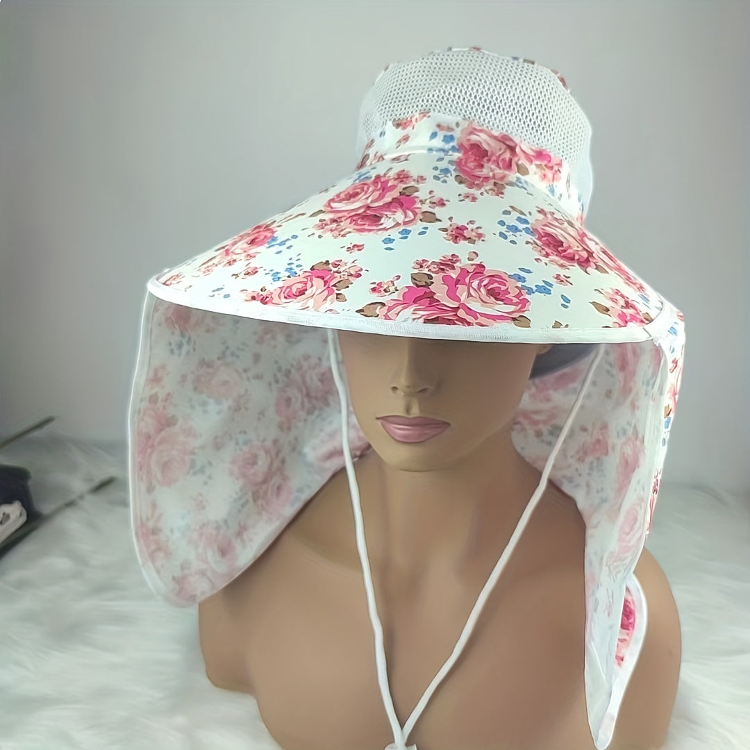 Flower Print Visor Wide Brim Sunscreen Ponytail Travel Beach Cap