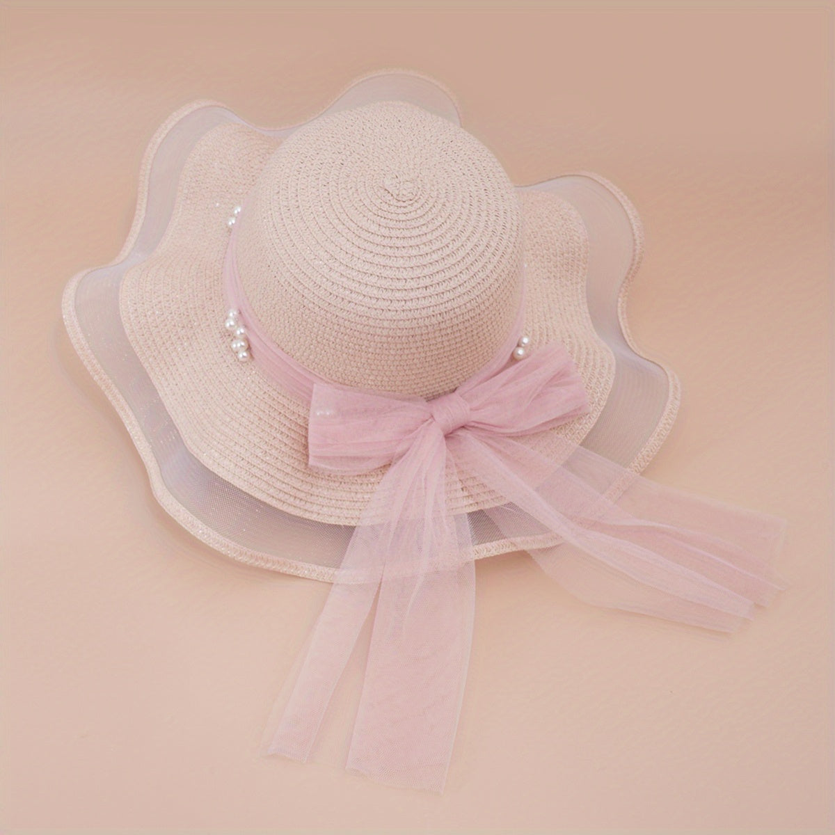 Lace Sun Hat Ribbon Bowknot Faux Pearl Straw Hat