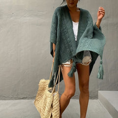 Ribbed Knitted Tassel Shawl Windproof Wrap Poncho Boho Cloak Sweater