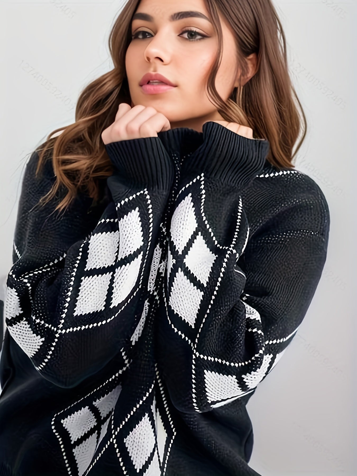  Argyle Print Long Sleeve Sweater