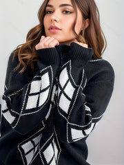  Argyle Print Long Sleeve Sweater