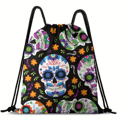 Halloween Flower Skull Drawstring Backpack Ghost Skull Elf Pattern