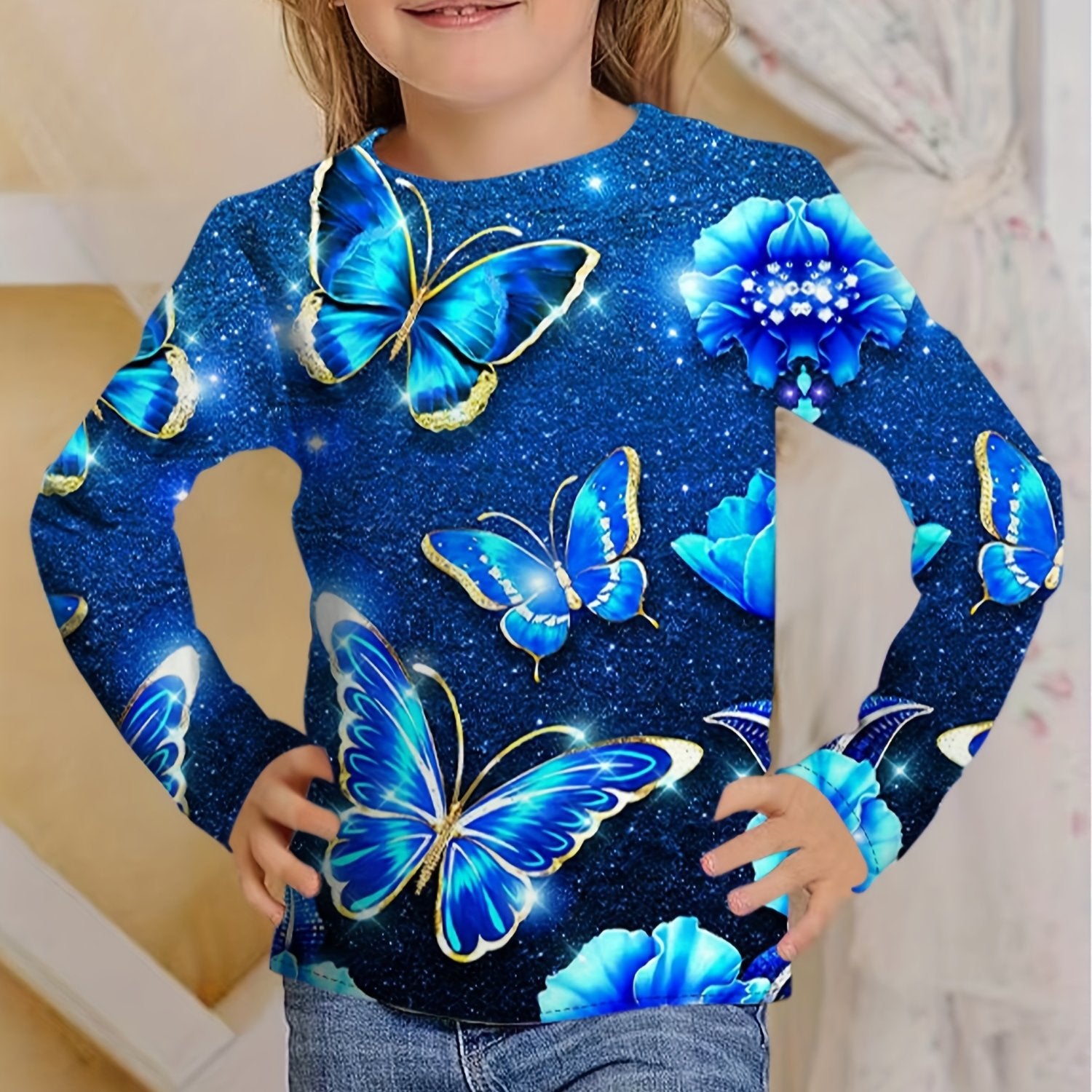 Sequin Butterfly Night Effect Print T shirt Girls' 3D Print Tees For Party