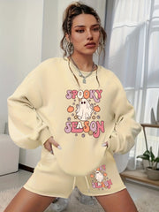  Halloween Graphic Print Sweatshirt & Shorts 2pcs Set