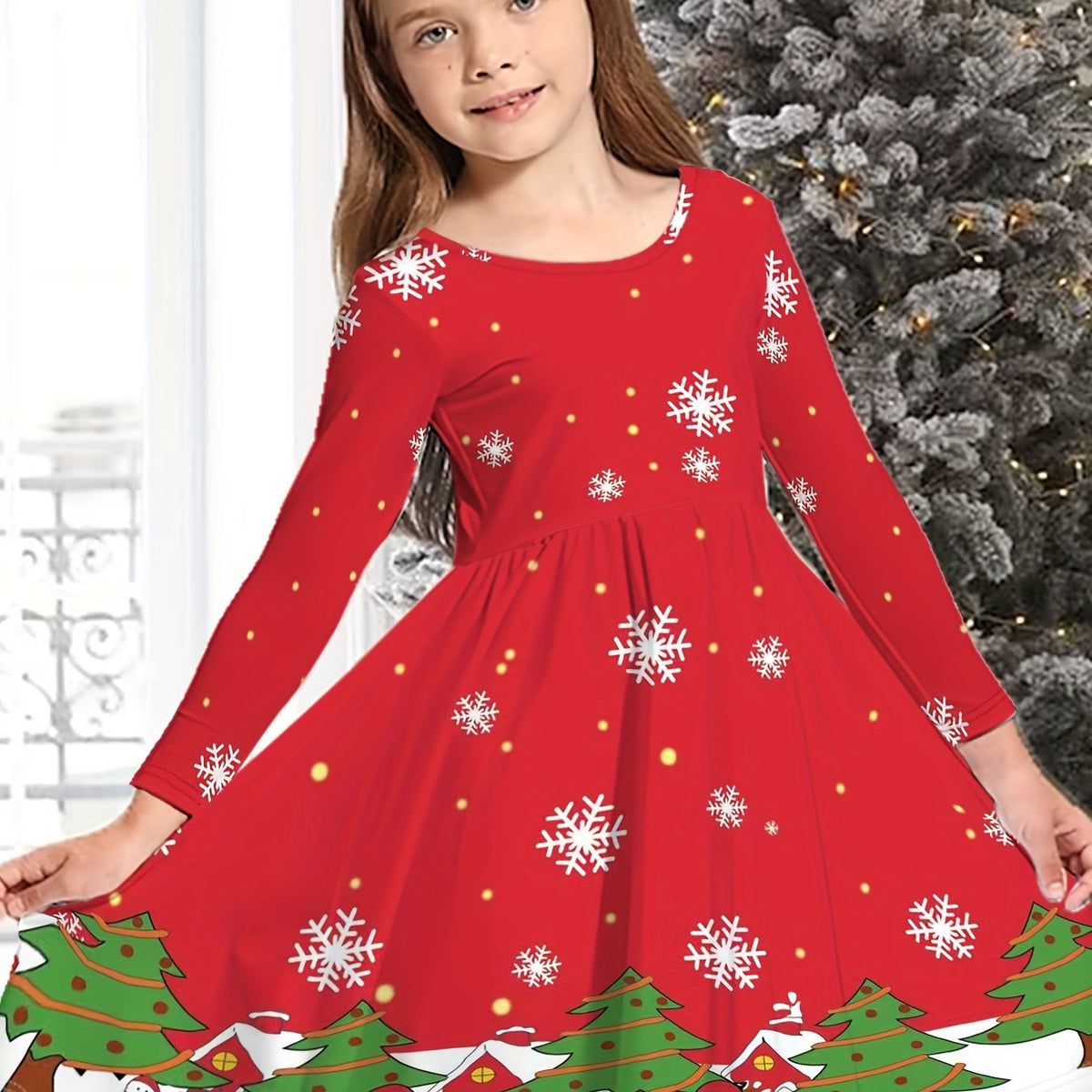 Snowflake Graphic Long Sleeve Dress Girls Comfy Dresses For Christmas