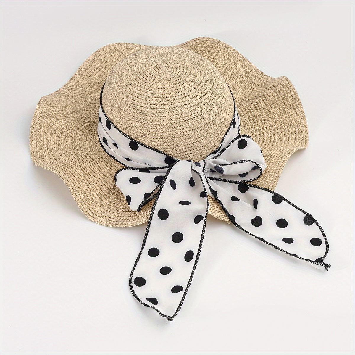 Dotted Ribbon Bowknot Sun Hat Ruffles Wide Brim Straw Bucket Hats