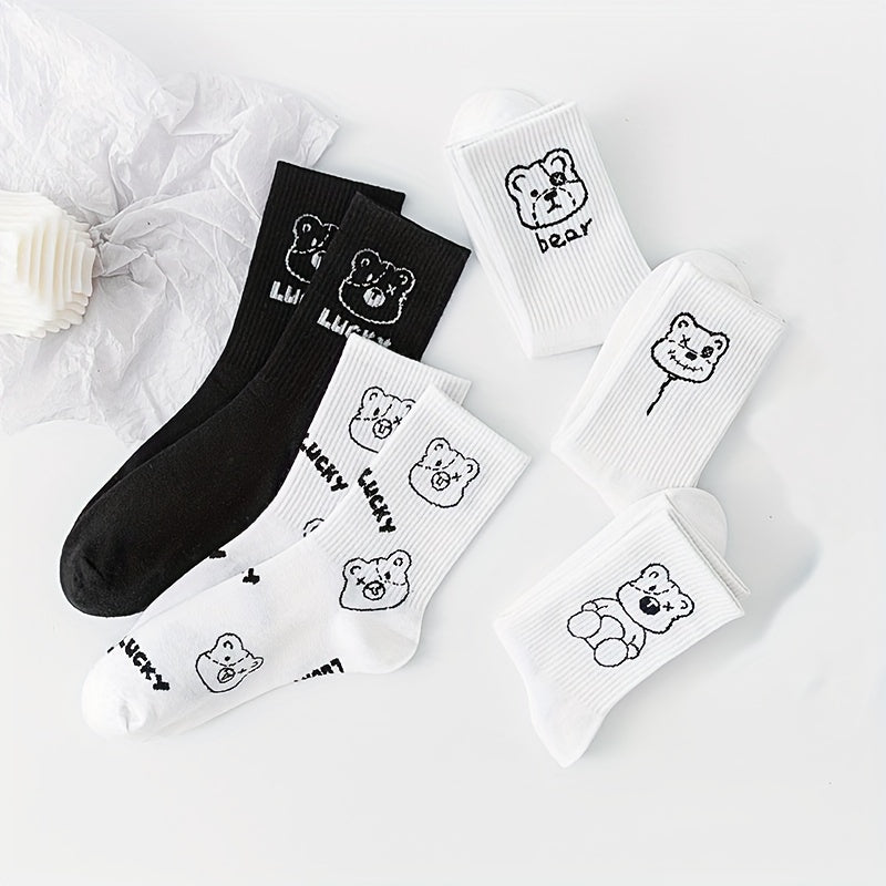5 Pairs Cartoon Bear Print Comfy Socks Women's Stockings & Hosiery