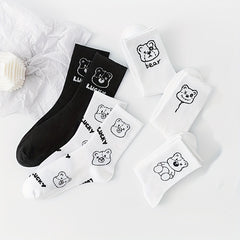 5 Pairs Cartoon Bear Print Comfy Socks Women's Stockings & Hosiery
