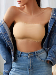 Scallop Trim Bandeau Bra Seamless Comfortable Strapless Stretch Bra