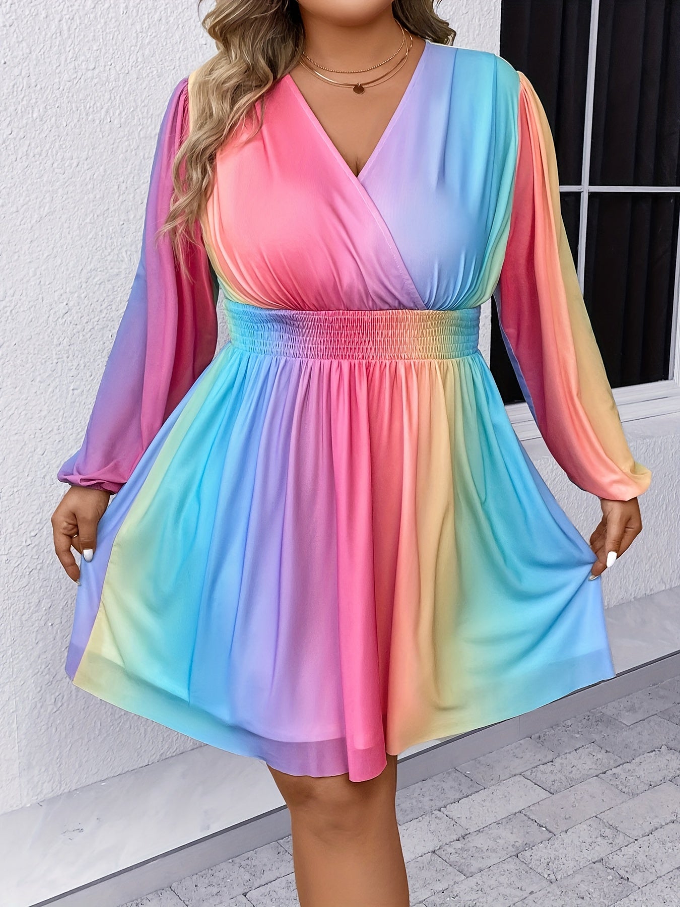 Women's Plus Rainbow Mesh Long Sleeve Shirred Waist Dress