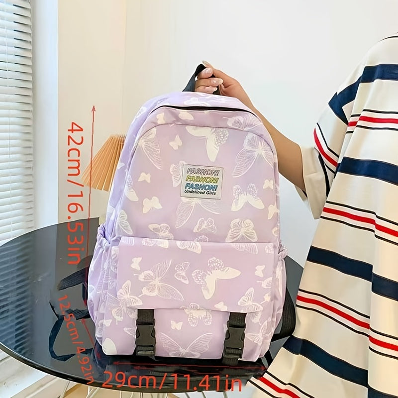 Butterfly Print Large Capacity Backpack Canvas Lightweight School Travel Bag