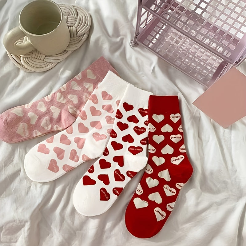 4 Pairs Heart Print Socks For Women Mid Tube Stockings Hosiery