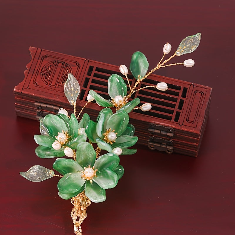 Vintage Flower Tassel Hair Clip with Faux Pearl Leaf