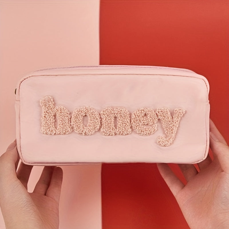 Plush Letter Print Cosmetic Bag Zipper Makeup Pouch